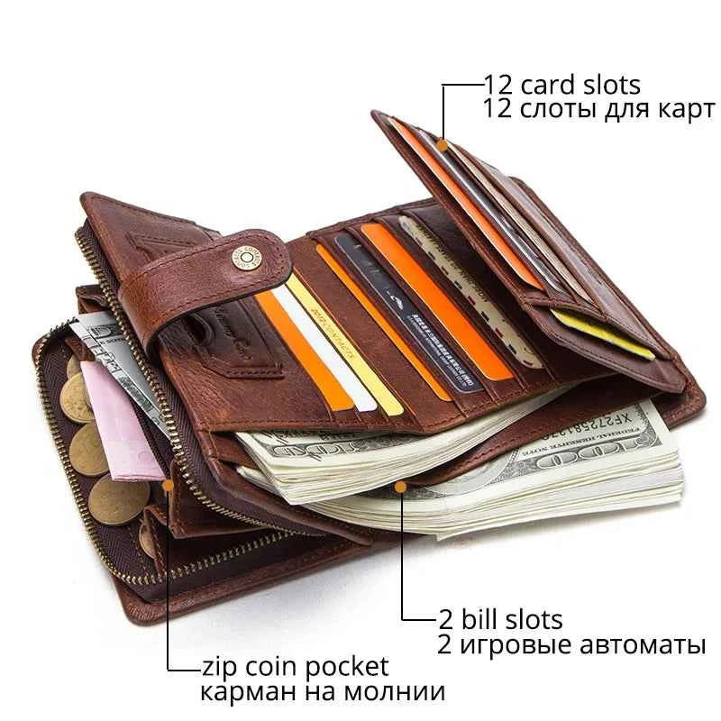 Genuine Leather RFID Short Wallet with Coin Pocket & Card Holders