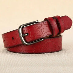Women’s Floral Genuine Leather Belt — 28mm Rose Pattern with Metal Pin Buckle