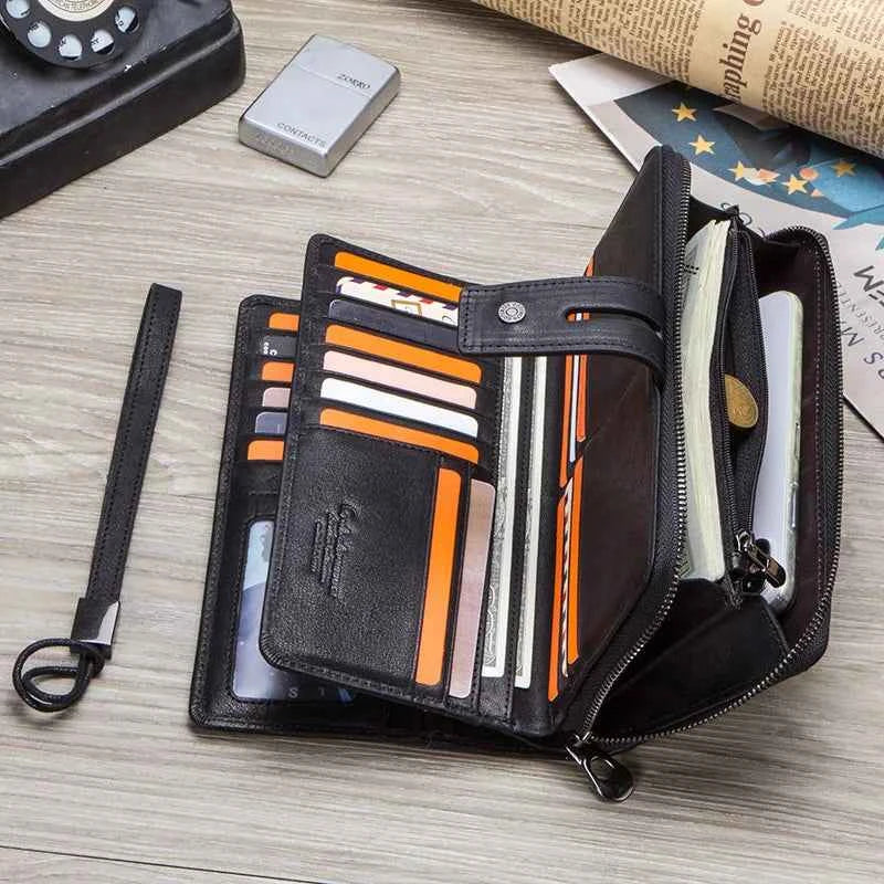 Genuine Leather Men's Long Wallet & Clutch with Card Holders and Coin Purse