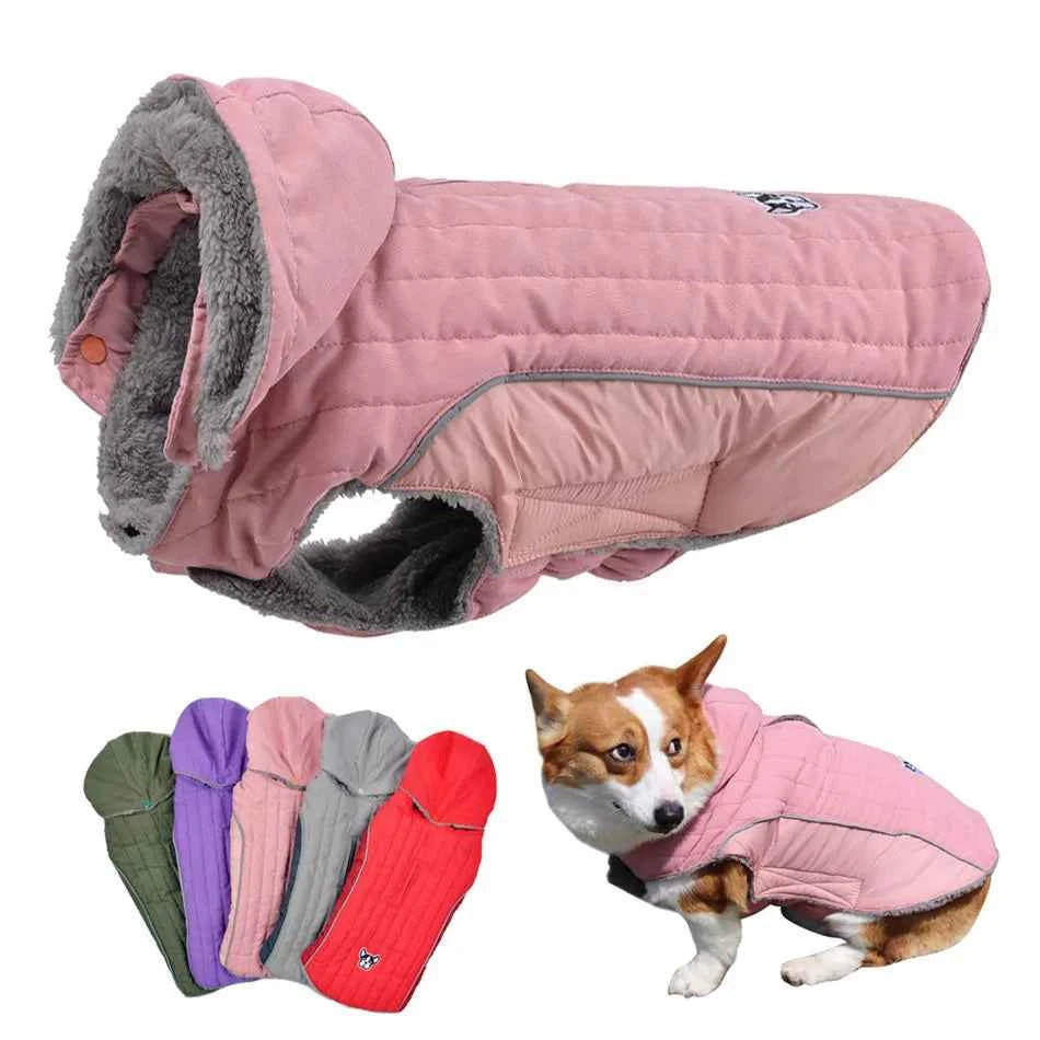 Quilted Dog Jacket with Removable Hood – Thick Fleece Winter Coat with Reflective Strips & Adjustable Belly