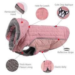 Quilted Dog Jacket with Removable Hood – Thick Fleece Winter Coat with Reflective Strips & Adjustable Belly