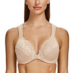 Front Closure Lace Bra | Underwire Plunge 3/4 Cup Cushion Strap