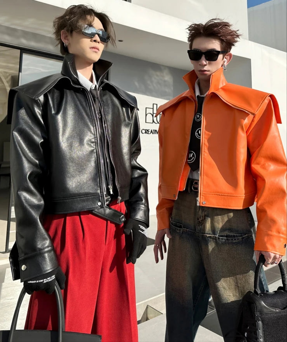 Oversized Black & Orange Faux Leather Jacket by Snagg A Jacket