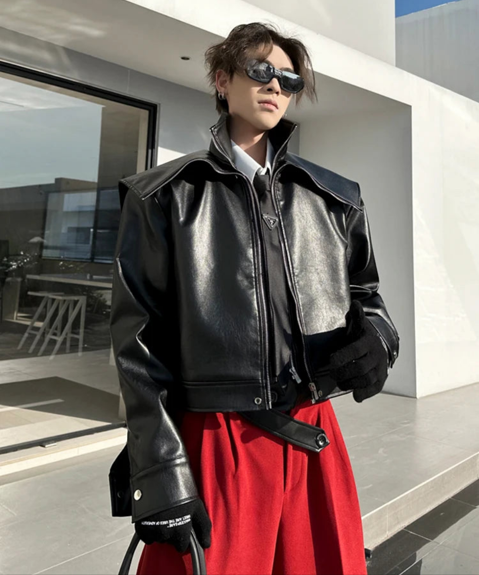 Oversized Black & Orange Faux Leather Jacket by Snagg A Jacket