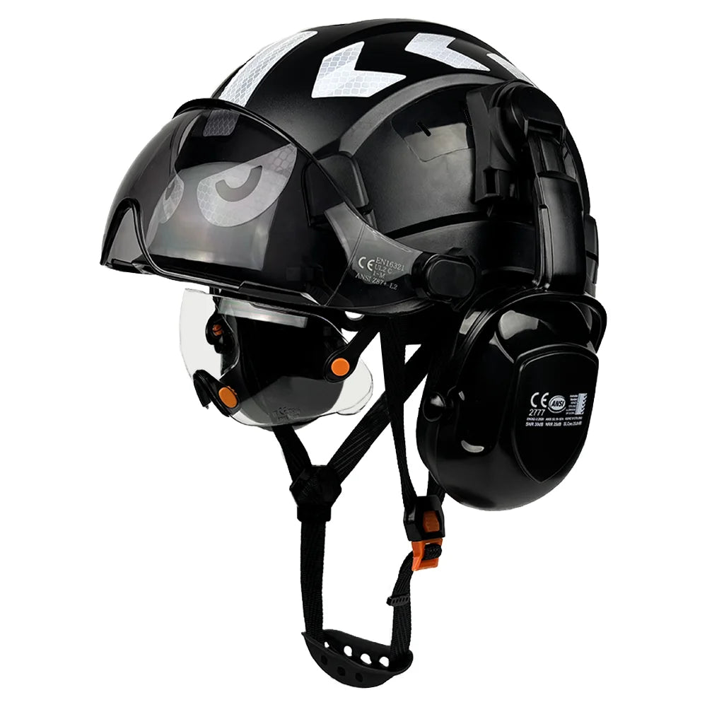 Vented construction safety helmet with twin visors, earmuffs and reflective stickers – image 8