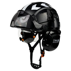 Vented construction safety helmet with twin visors, earmuffs and reflective stickers – image 8