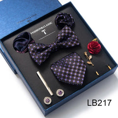 Complete Silk Tie Set for Men — Bow Tie, Necktie, Pocket Square & Accessories