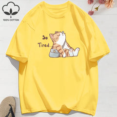 “Too Tired Cat” 100% Cotton Tee, Soft Relaxed Fit Streetwear Graphic Shirt