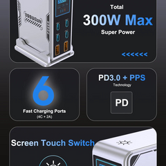300W GaN Charger USB Type C 6-Port Digital Display