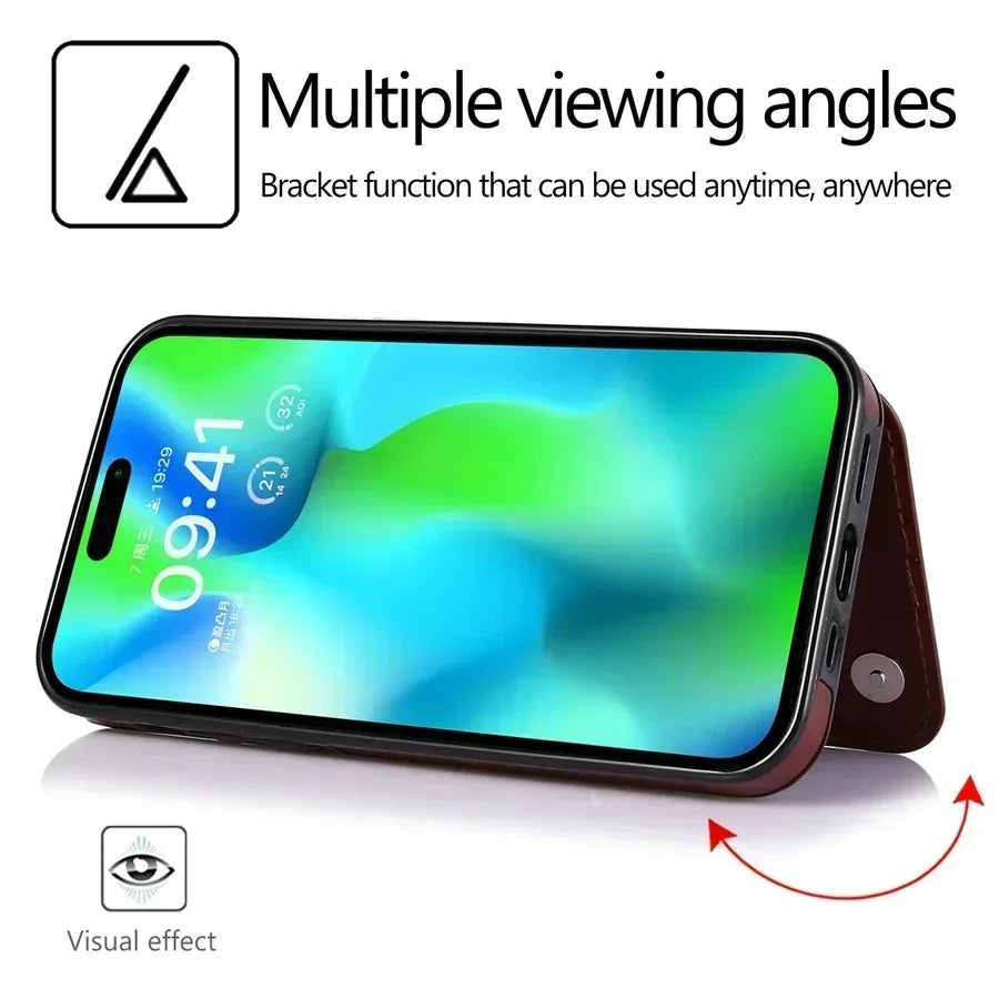 Double Button Wallet Flip Leather Case with Card Slot & Stand – for iPhone 16 Series - Phone Cases Covers