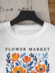 Women's California Yellow Flowers Market Print T-Shirt | Soft Cotton O-Neck Casual Crewneck Short Sleeve