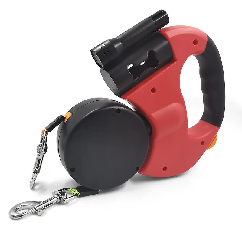 Retractable Double Dog Leash 1-to-2 – Automatic Lead with Built-In Flashlight & Bag Dispenser