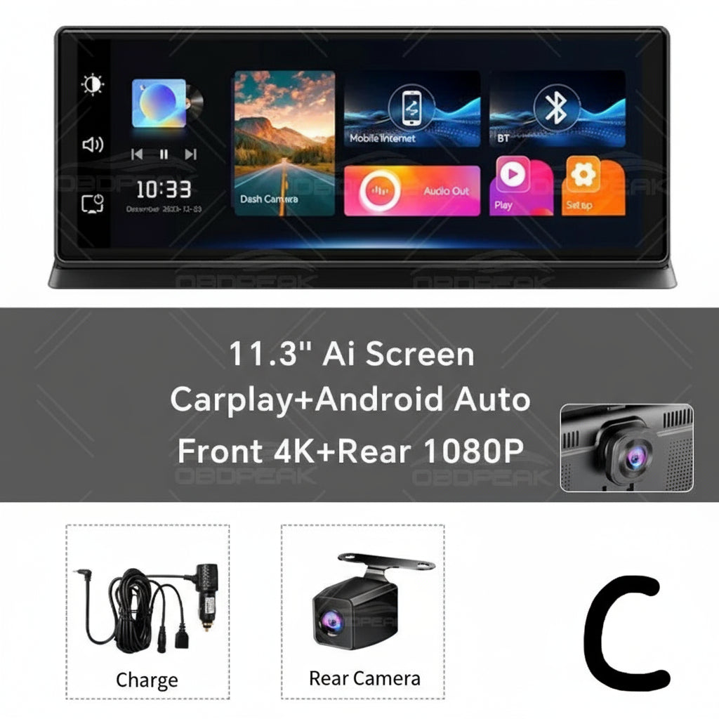 11.3" 4K Dash Cam – Rearview Camera DVR with CarPlay, Android Auto & GPS Navigation by Snagg A Car DVR