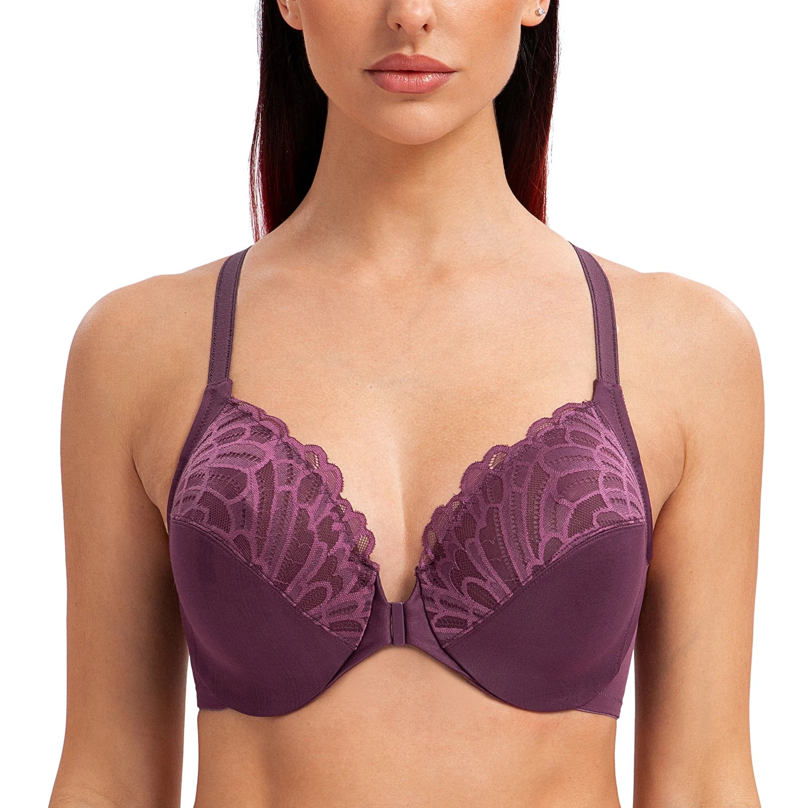 Plus Size Front Closure Racerback Bra | Lace Underwire Full Coverage Unlined