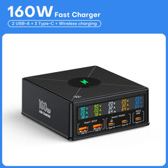 160W 5-Port USB Charging Station | 15W Wireless + 65W PD + QC3.0 Fast Charger iPhone MacBook Samsung