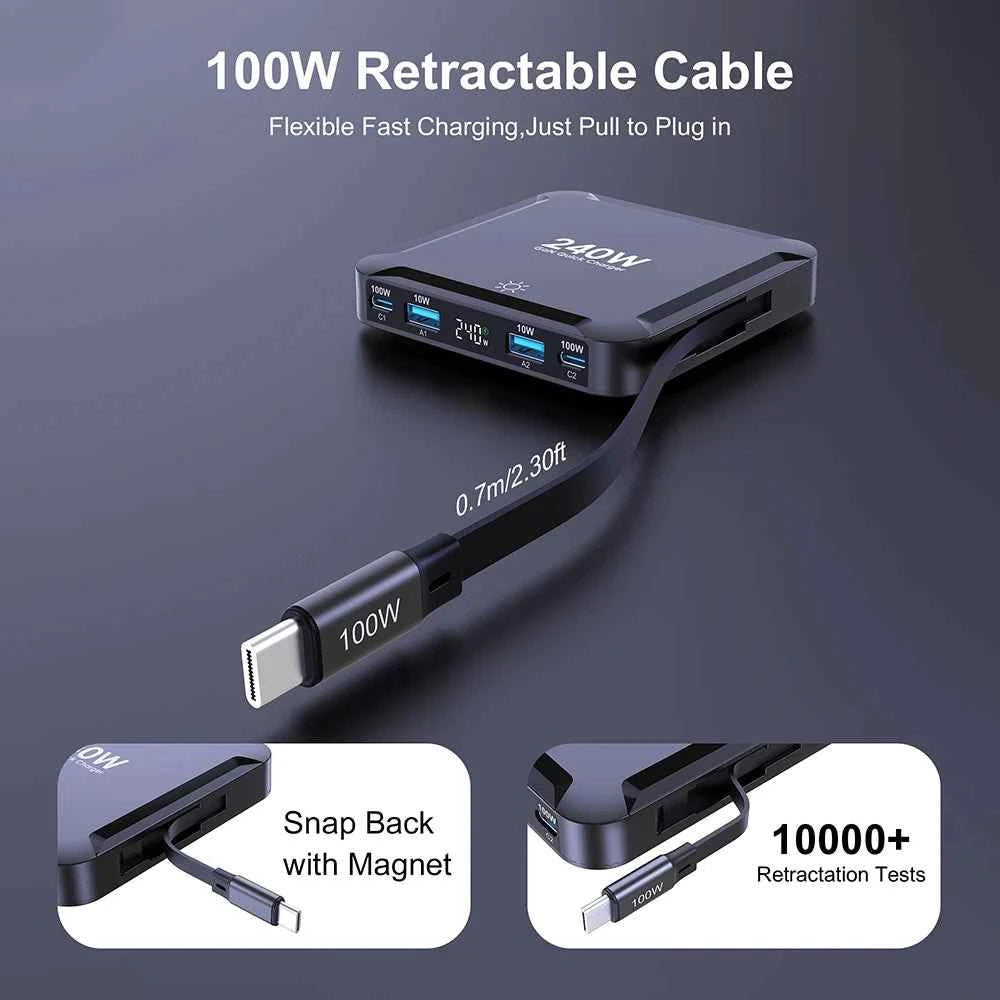 240W GaN Desktop Charger | Digital Display + 100W Retractable USB-C Cable Fast Charger Phone Laptop