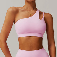 Women's Oblique Shoulder Yoga Bra | Hollow-Out Back Push-Up Gym Running Fitness Vest Workout Top