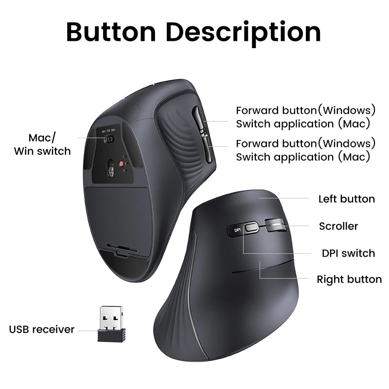 Ergonomic Vertical Wireless Mouse Bluetooth 5.0 & 2.4G Dual Mode for PC & Laptop by Snagg A Gaming Mouse