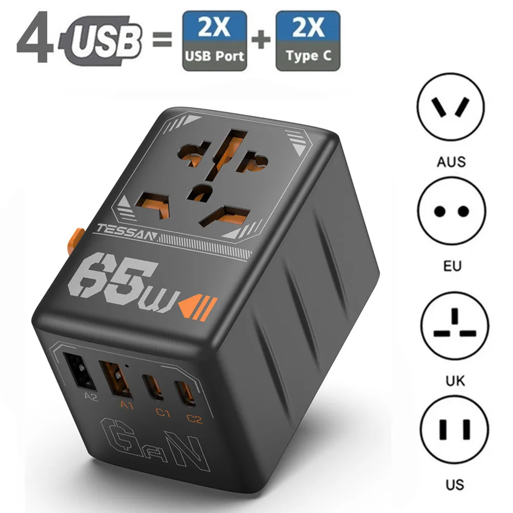 65W GaN Universal Travel Adapter with USB Type C by Snagg A Travel Adapter
