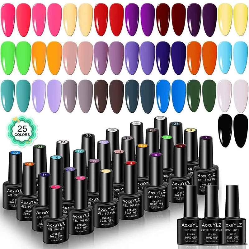 Professional 28 Piece Glass Bottle Gel Collection – 25 Color Palette with High-Gloss & Velvet Matte Finishes