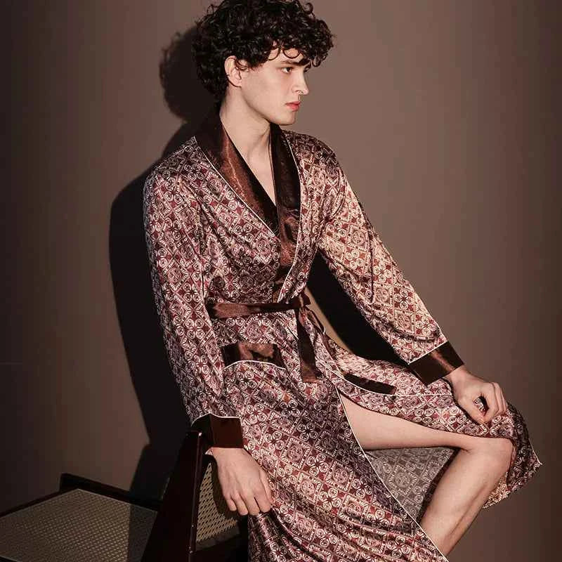 Men's Ice Silk Printed Bathrobe | Thin Summer Nightrobe Large Size Loungewear