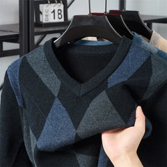 Men’s Argyle Plaid V-Neck Pullover | Classic Winter Knitted Sweater