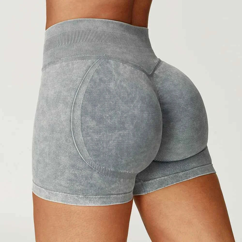 Women's High Waist Lift Butt Yoga Shorts | Sand-Washed Seamless Workout Gym Running Short Pants