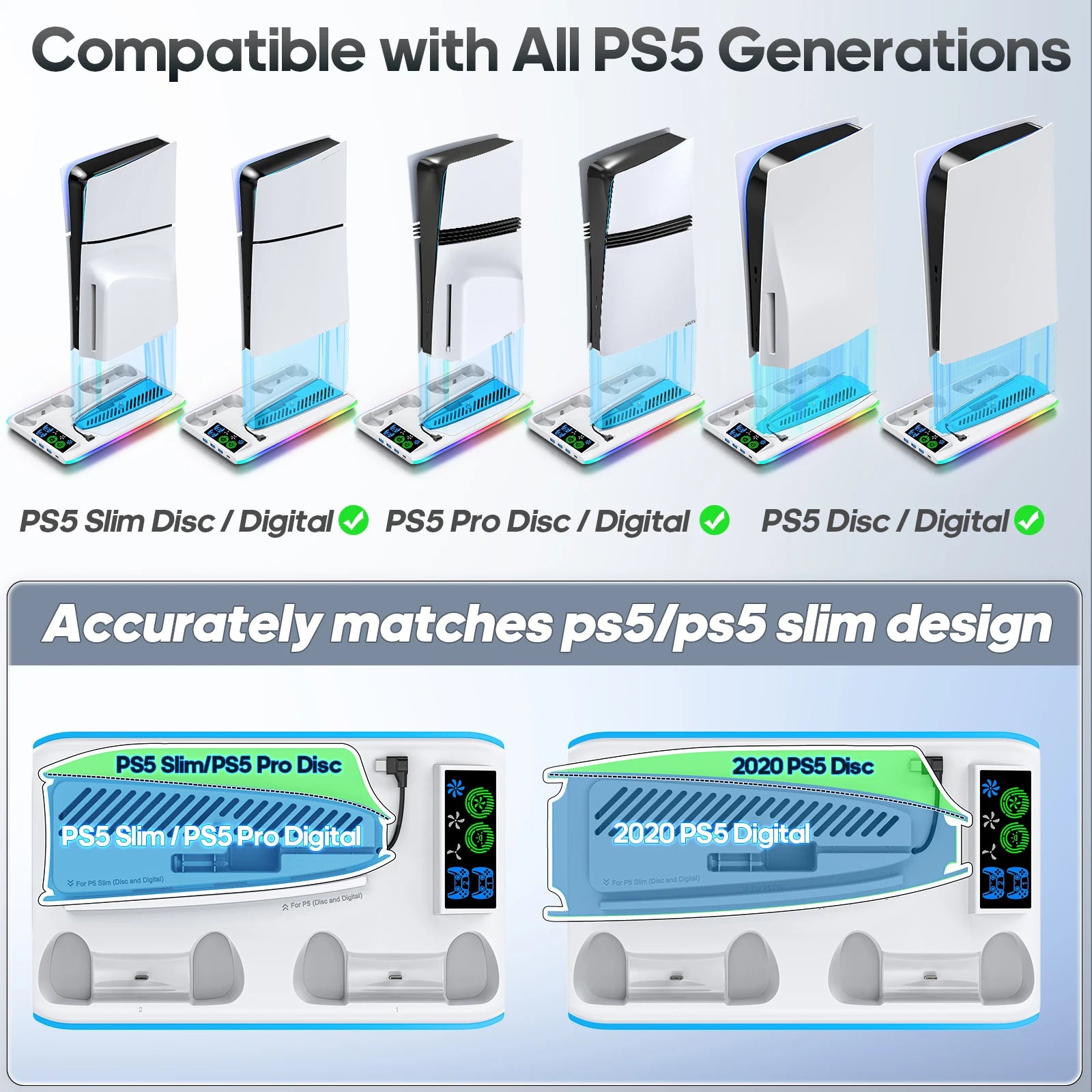 PS5 Stand with Cooling & Charging Station Compatible with PS5, Slim & Pro Models by Snagg A PS Stand