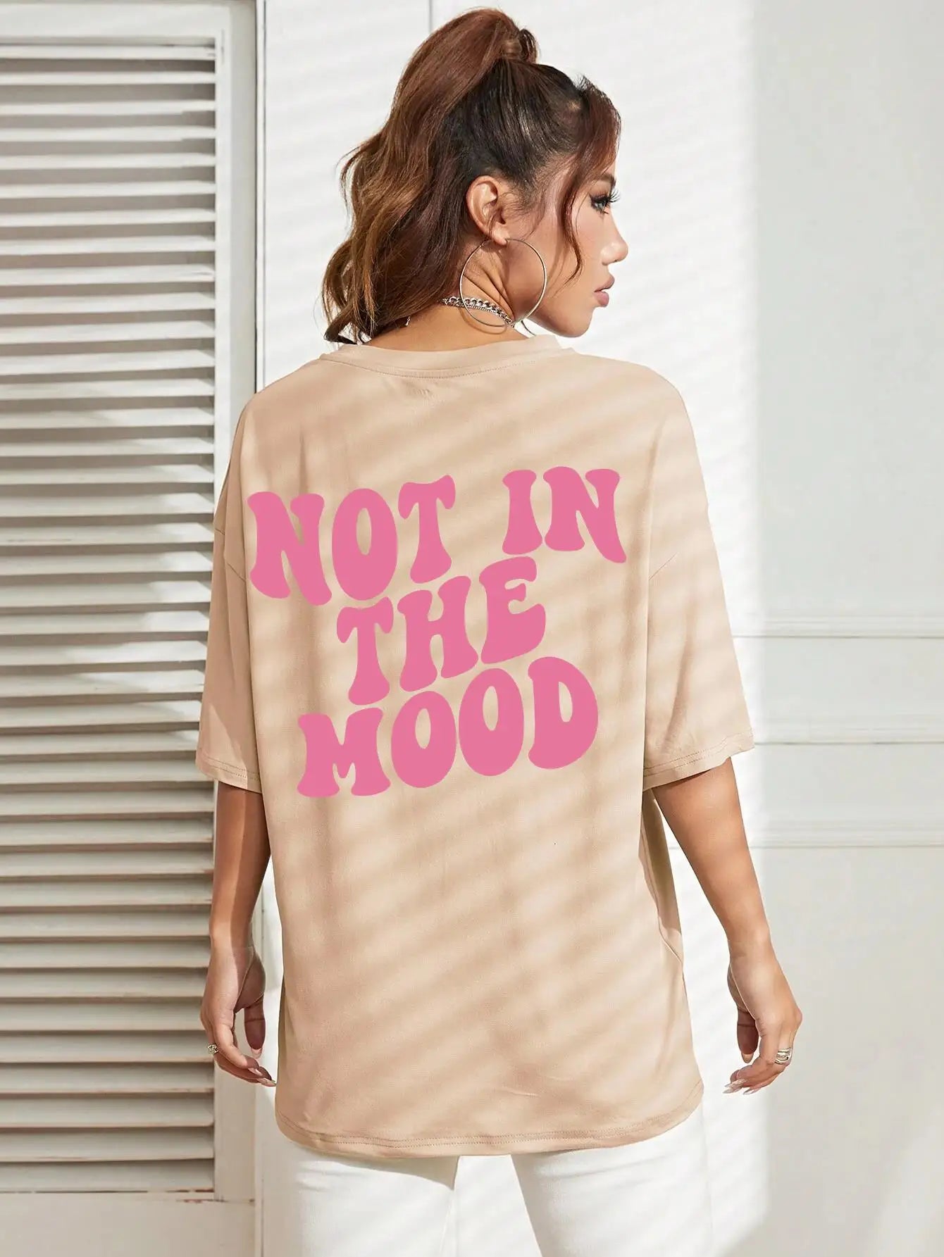 Women's "Not In The Mood" Pink Letter Print T-Shirt | Cotton Oversized O-Neck Breathable Summer Casual