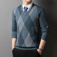 Men’s Argyle Plaid V-Neck Pullover | Classic Winter Knitted Sweater