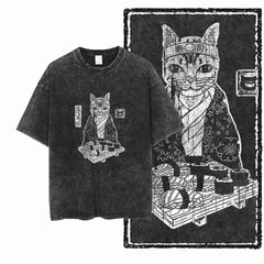 Acid Washed Cat Graphic Unisex T-Shirt | Cotton Streetwear Big Size Vintage Tee
