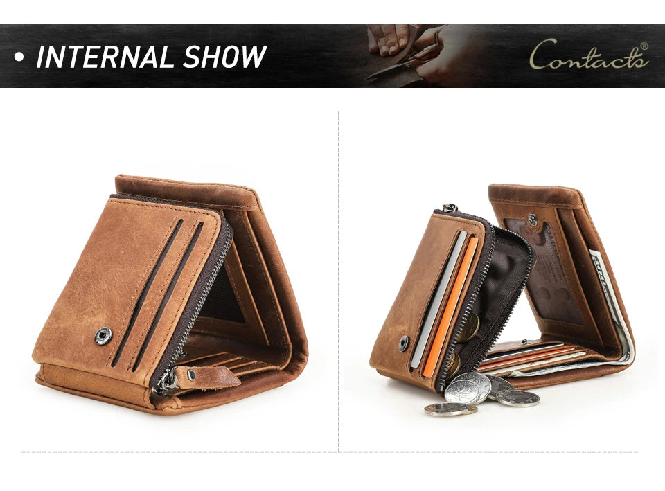 Crazy Horse Cowhide Leather Trifold Wallet with Zip Coin Pocket