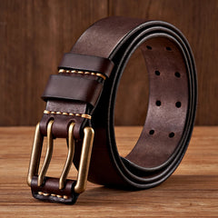 Men’s Vintage Cowhide Leather Belt - 3.8cm Wide Strap with Double-Pin Copper Buckle