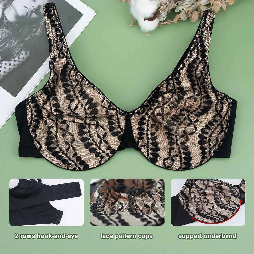 Plus Size Floral Lace Bra | Underwire Non-Padded 3/4 Cup High Support Soft Daily Wear