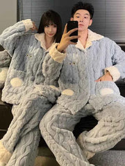 Men's Coral Fleece Pajama Set | Thickened Flannel Double-Breasted Long Sleeve Couple Sleepwear