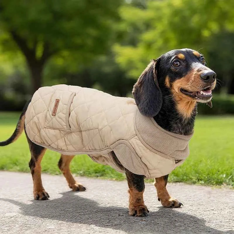 Diamond Quilted Dog Coat for Dachshunds – Water-Repellent Windproof Jacket for Short-Leg Breeds