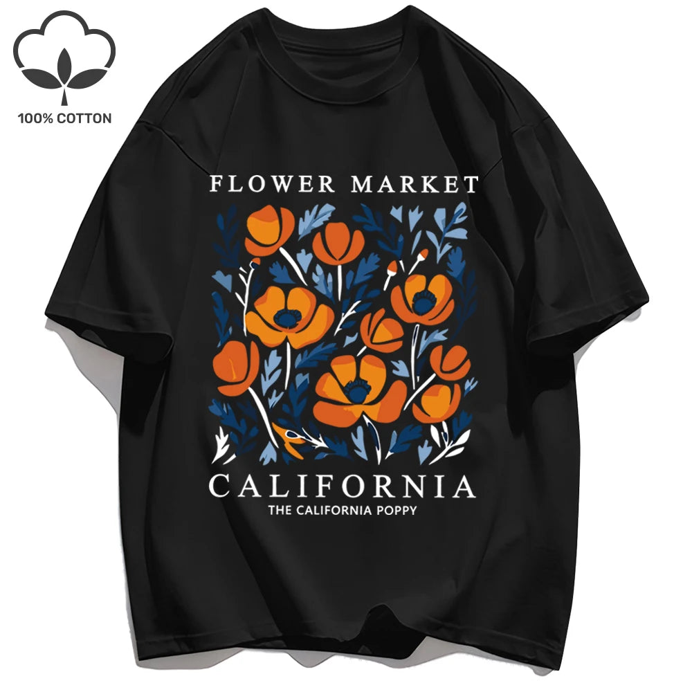 Women's California Yellow Flowers Market Print T-Shirt | Soft Cotton O-Neck Casual Crewneck Short Sleeve