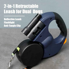 2-in-1 Retractable Dual Dog Leash – Reflective Lead with Built-In Flashlight & Anti-Tangle Clip