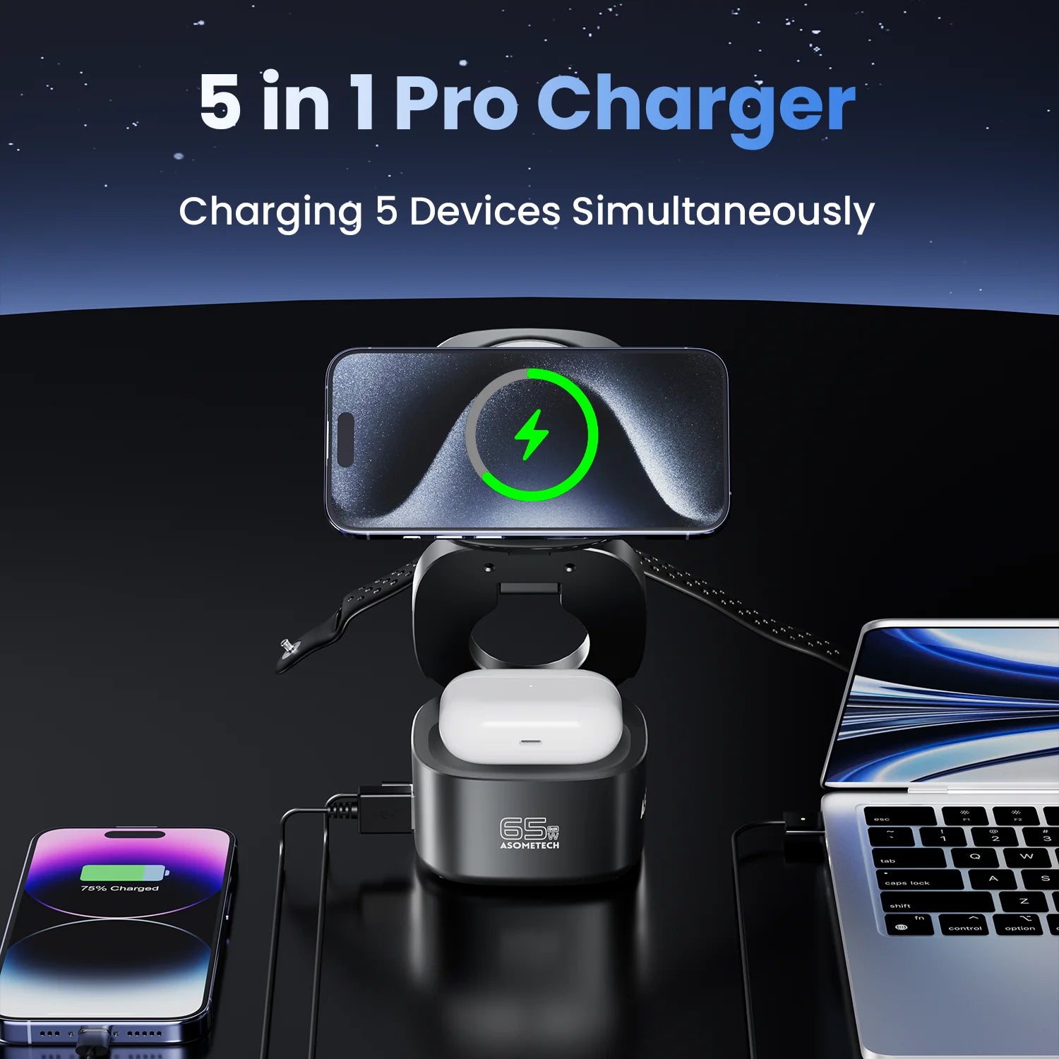 Magnetic 5-in-1 Wireless Charger Stand | 65W GaN Fast Charging Dock for MacBook iPhone Apple Watch AirPods