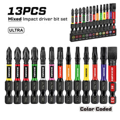 13 Pcs Impact Screwdriver Bit Set – Magnetic PH/SL/SQ/TORX 2" S2 Steel Bits with Color-Coded Base