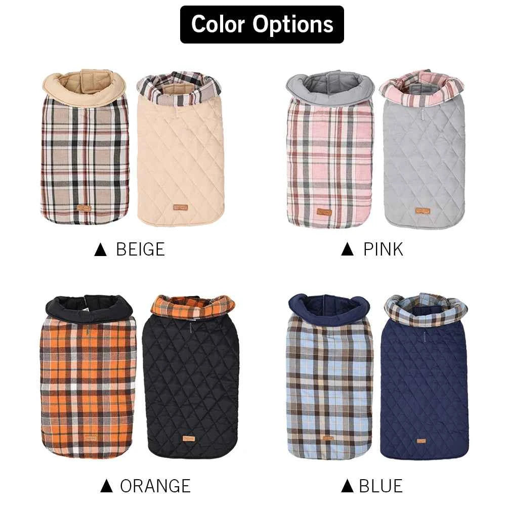 Reversible Waterproof Dog Jacket – Checked Pattern Soft Warm Coat with Flexible Chest for Small to Large Dogs