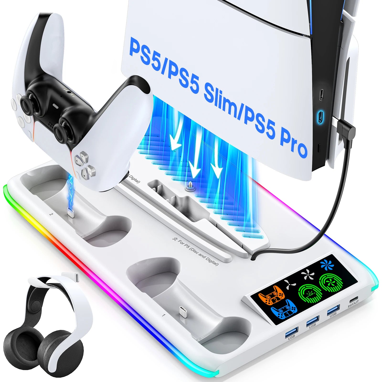 PS5 Stand with Cooling & Charging Station Compatible with PS5, Slim & Pro Models by Snagg A PS Stand