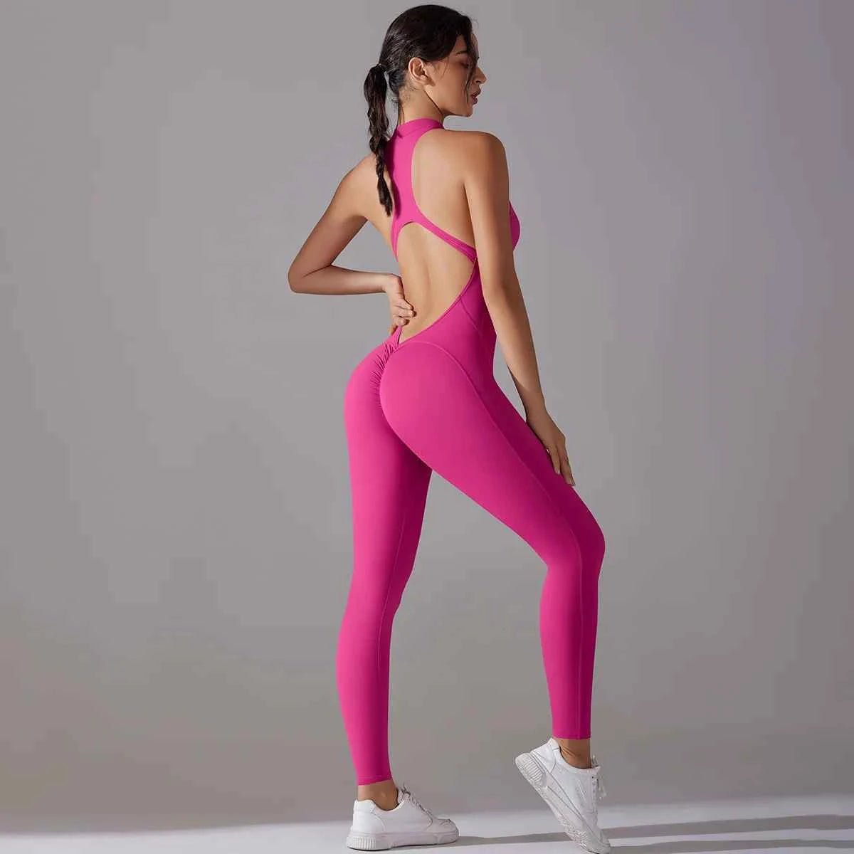 Women's Backless Scrunch Butt Yoga Jumpsuit | Sleeveless Zip One-Piece Gym Sport Fitness Overalls