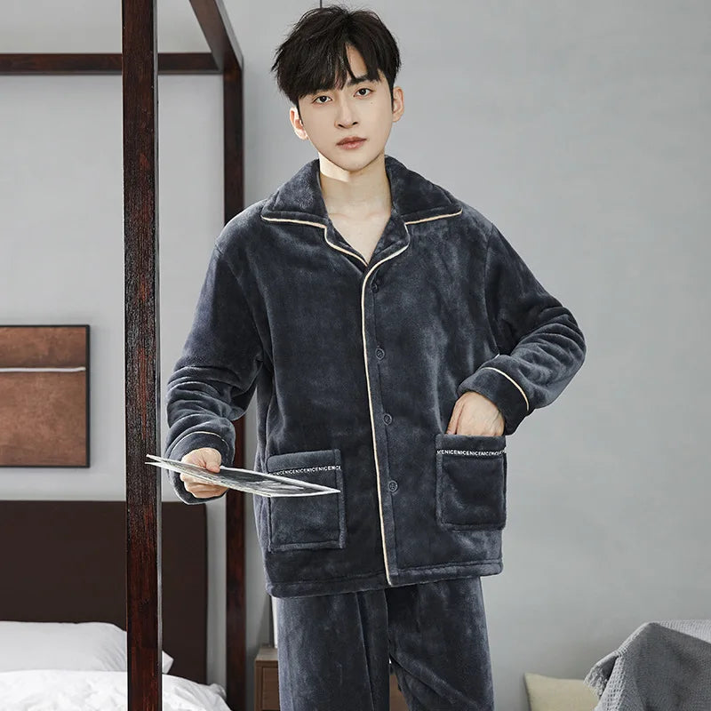 Men's Coral Fleece Pajama Set | Thickened Flocking Long Sleeve Winter Warm Couple Loungewear