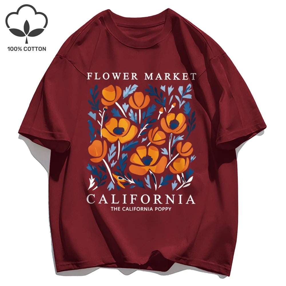 Women's California Yellow Flowers Market Print T-Shirt | Soft Cotton O-Neck Casual Crewneck Short Sleeve
