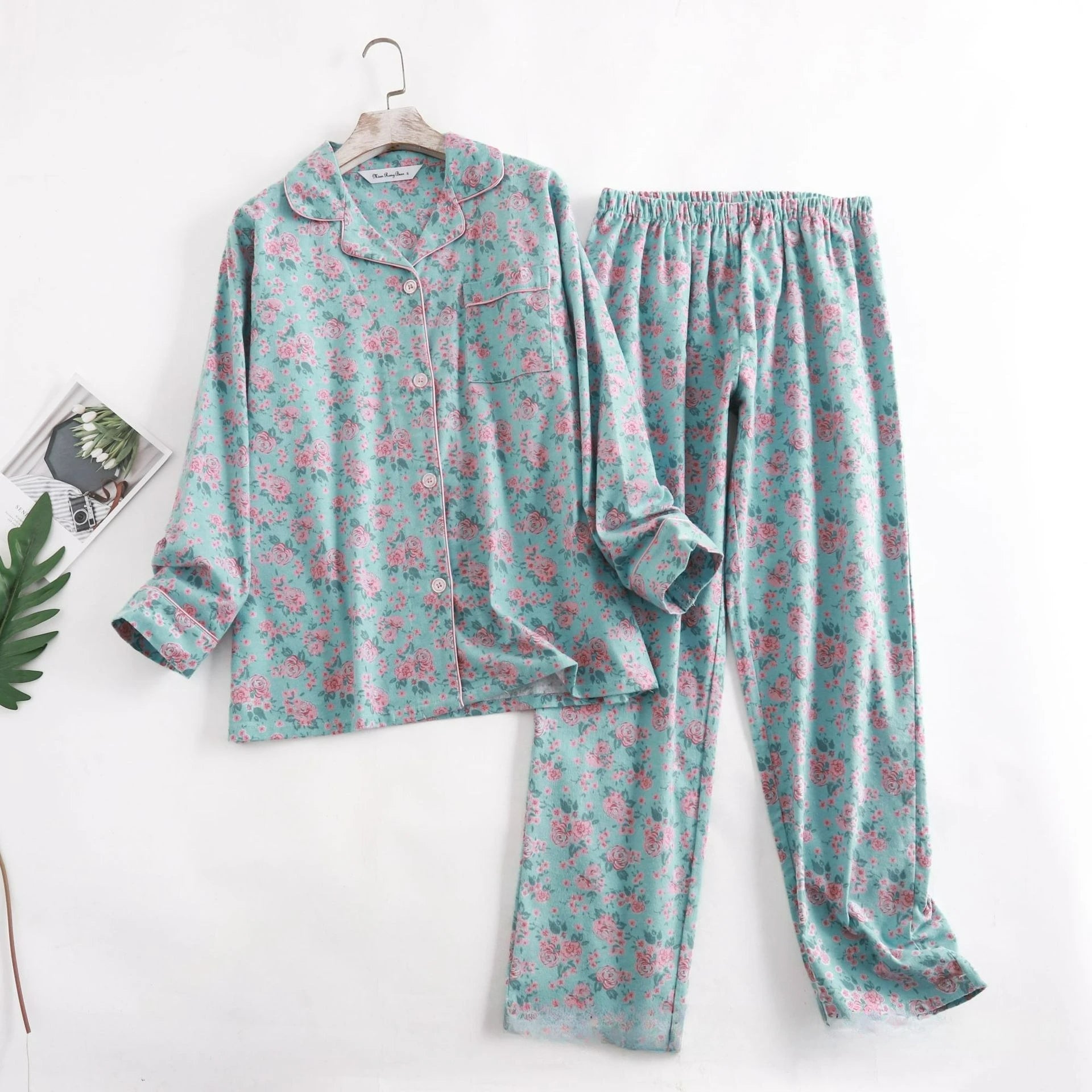 Women's Cotton Flannel Pajama Set | Plaid Long Sleeve Long Pants Loose Autumn Winter Sleepwear