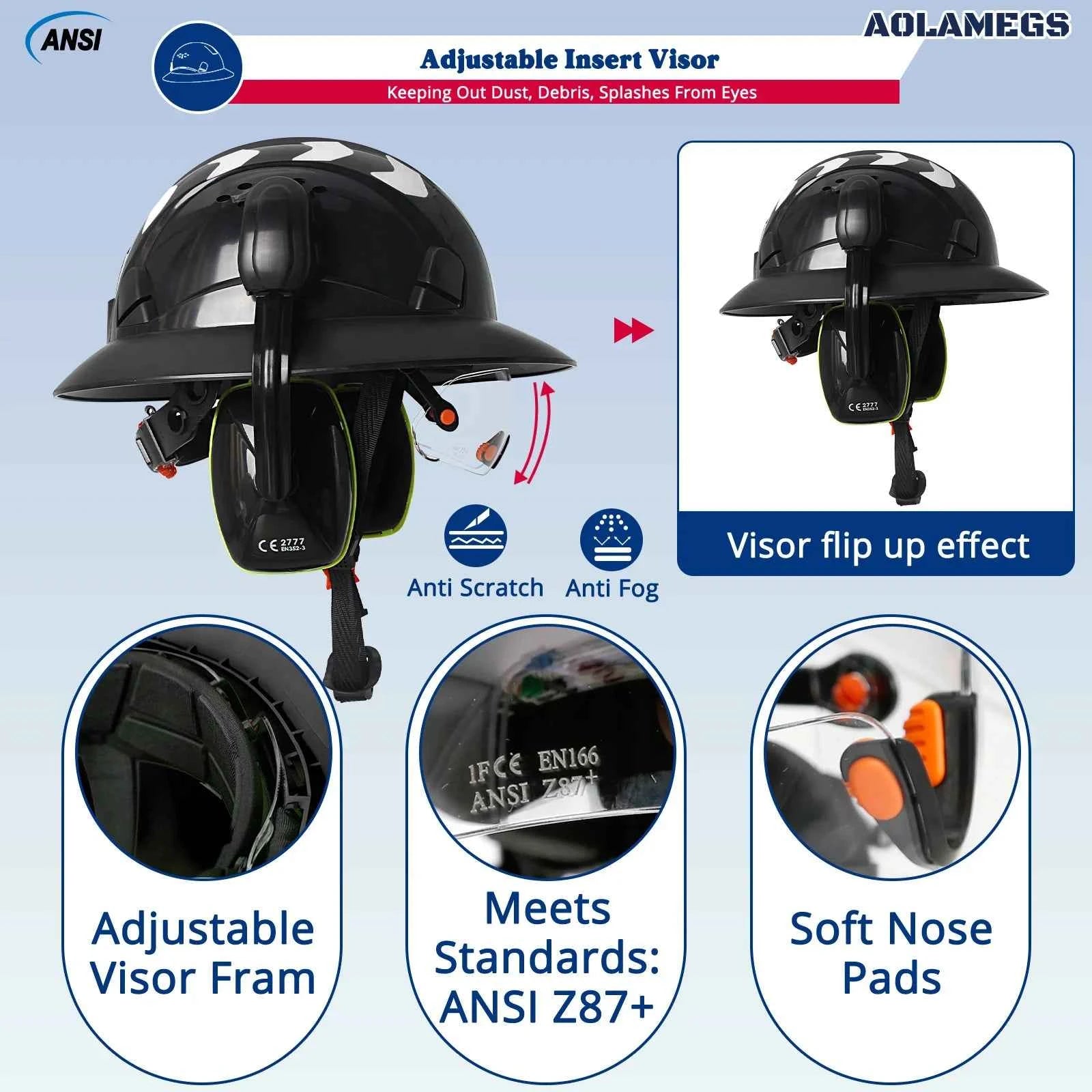 Full brim construction safety helmet with goggles, earmuffs and reflective stickers – image 4