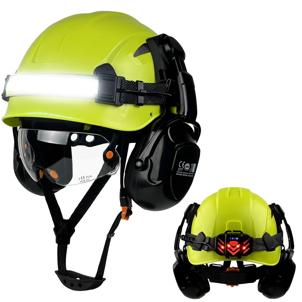 Construction safety helmet with LED light strip, goggles and earmuffs – image 7