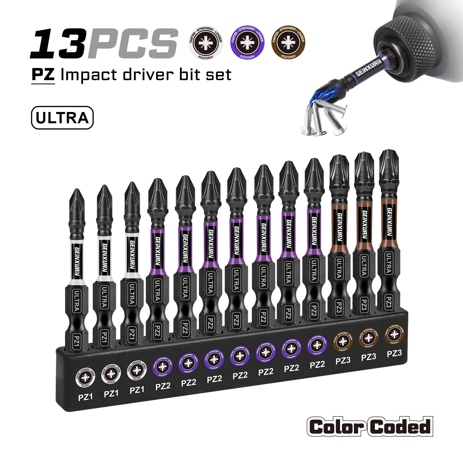 Impact Pozidriv Screwdriver Bits Set PZ1/2/3 14pcs | Magnetic S2 Steel Bits & Bit Holder Colour-Coded
