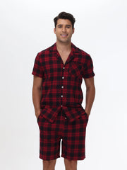 Men's Cotton Short Pajama Set | 2-Piece Breathable Button Top & Elastic Shorts Summer Loungewear
